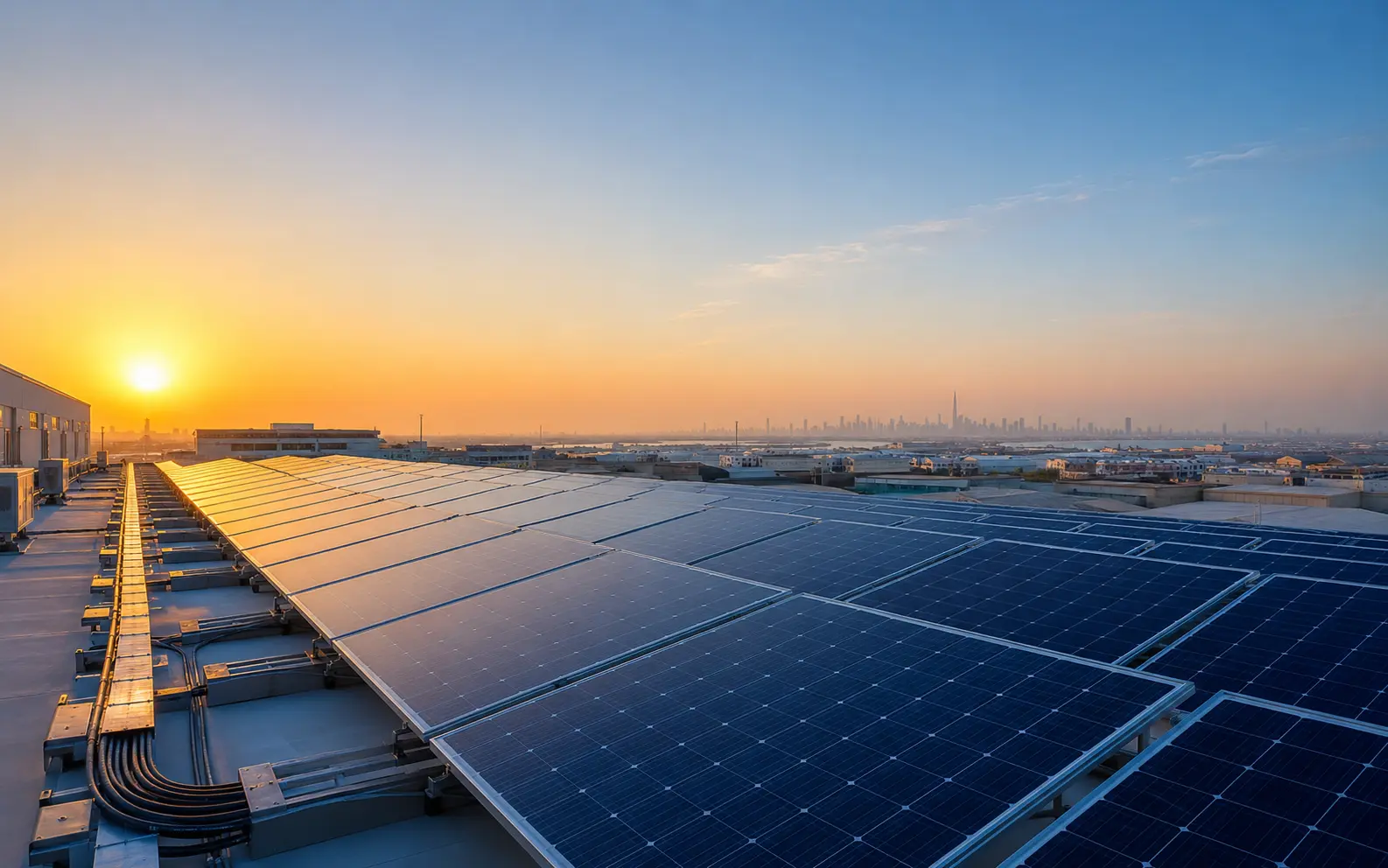 Commercial rooftop solar installation overlooking Dubai